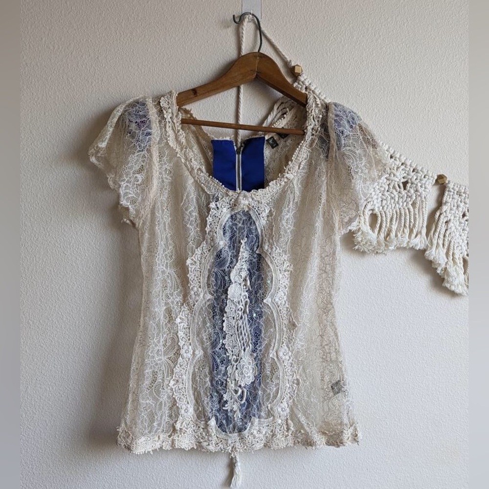 Anthropologie fei, cream lace see through blouse, sequins,